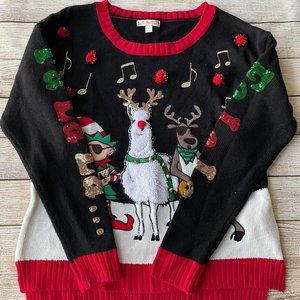 Its Our Time Women's Size Medium Ugly Christmas Sweater Reindeer Elf Plays Music